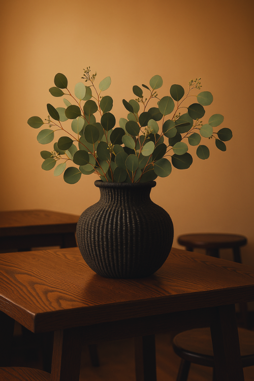 Baba Tree black jemima 10 cows basket with green leaves on a wooden table against a warm-toned wall