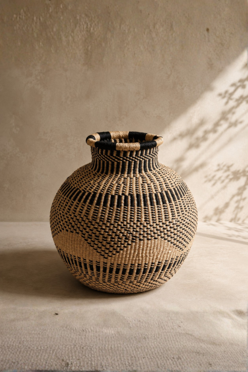 A round woven basket vase with a narrow neck, featuring a black and natural tan geometric pattern, set against a textured beige wall with soft leaf shadows.