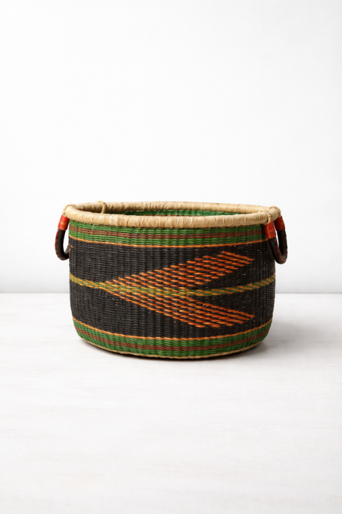 Medium woven Kente basket by Baba Tree, a stylish storage half tub with intricate woven patterns and natural texture.