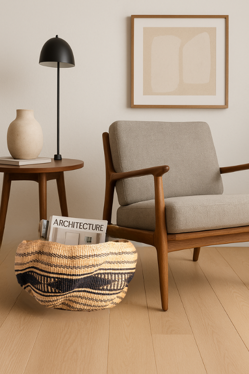 babatree pakurigo basket in natural and black in a livingroom