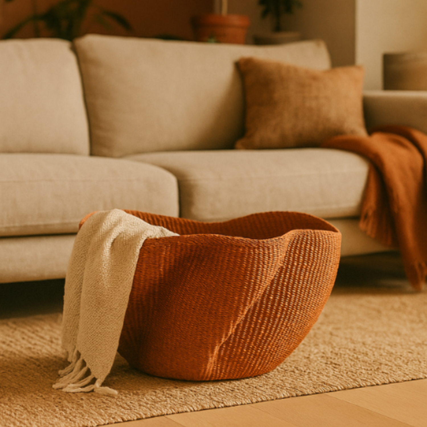 Baba Tree Sienna woven basket with a beige blanket on a beige couch in a cozy living room.
