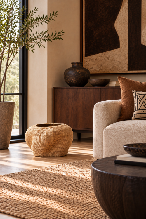 A styled interior scene with a cream upholstered armchair, a woven pebble art basket, a dark wood sideboard, a large potted plant, and warm neutral wall art in a sunlit room.