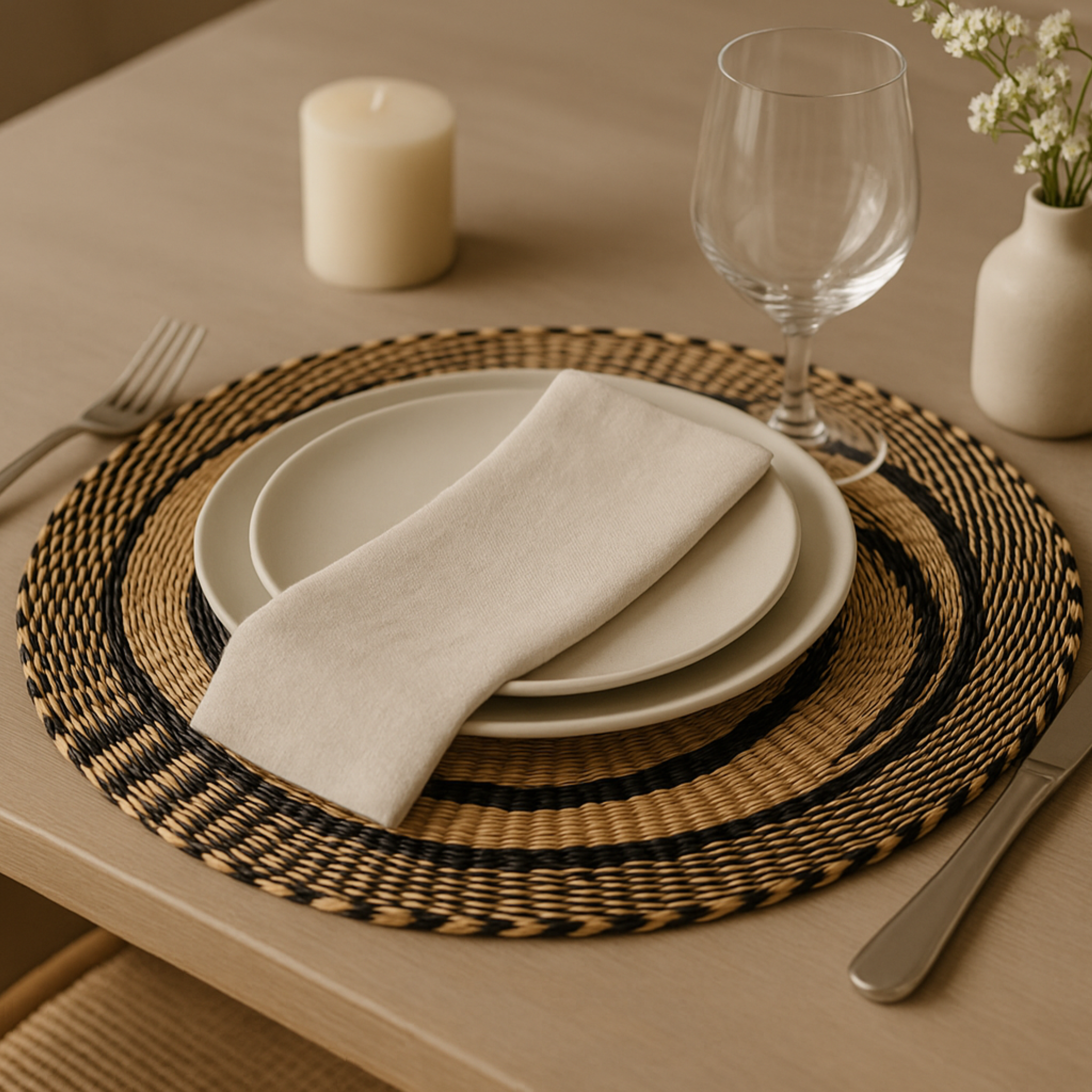 Baba Tree Placemats - Coastal Currents in Black and Natural circular triangle design