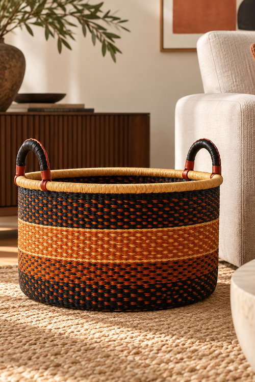 Medium woven storage basket by Baba Tree with a desert grove design, ideal for organization and decorative storage.