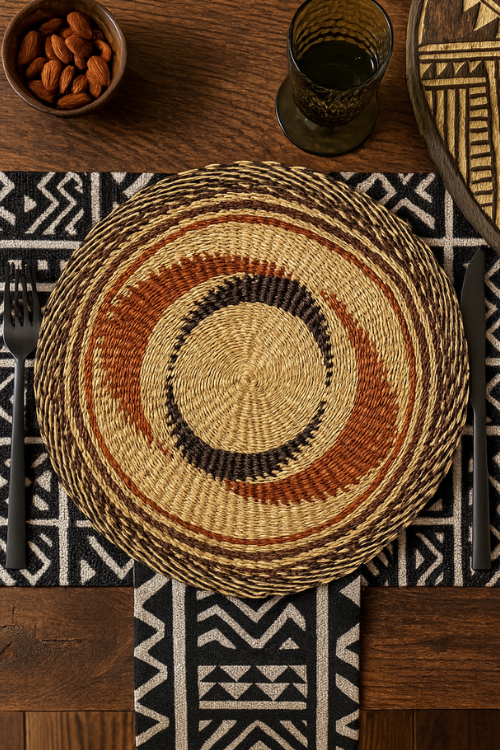 Black Star Swirl Baba Tree woven placemats with intricate pattern, perfect for stylish table setting and home decor.