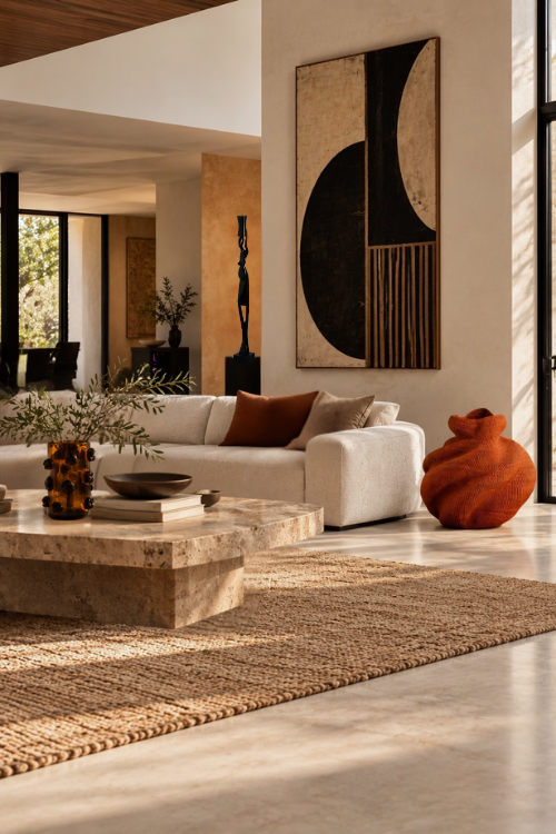 Styled contemporary room with large sienna coloured basket beside a couch.