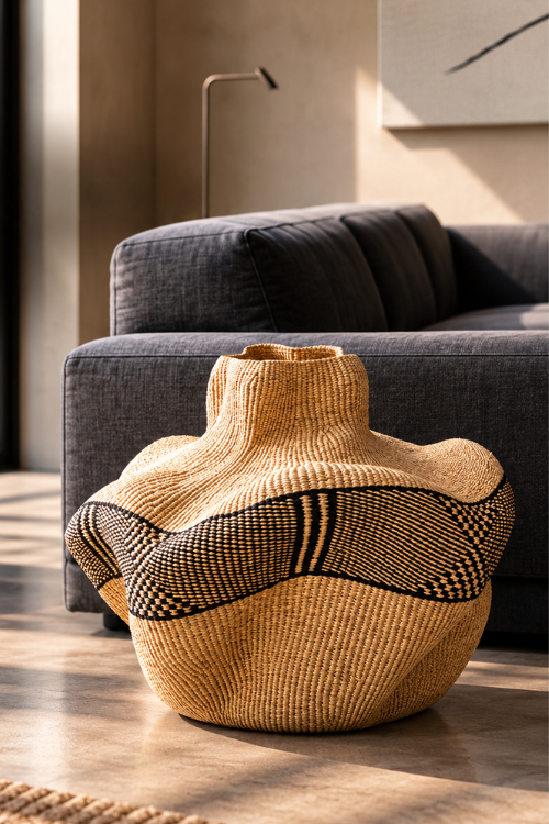 Artisan Baba Tree Yoomelingah Yure basket in ebony and natural woven design, showcasing craftsmanship and intricate weaving.