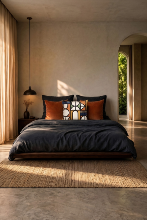 Lulasclan Legae Velvet Pillow in a styled bedroom, showcasing soft, luxurious velvet fabric and modern design.