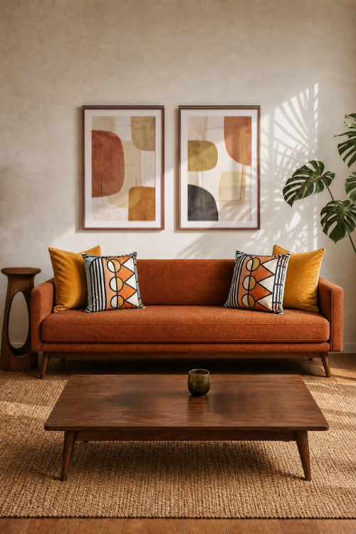 A styled living room scene featuring a rust-orange upholstered sofa with mustard yellow and patterned throw pillows, set against a textured beige wall with two framed abstract prints. A dark wood coffee table sits in front on a woven rug, with a potted green plant on the right.
