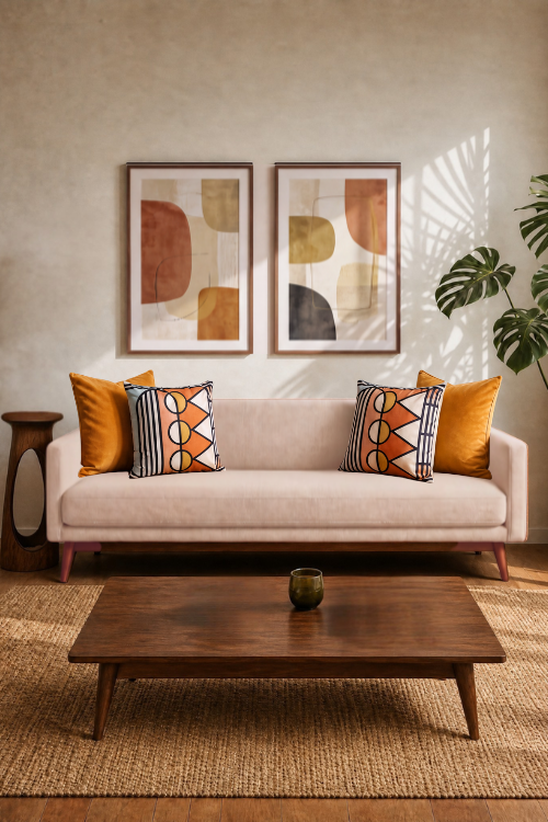 A styled living room scene featuring a light beige sofa with mustard yellow and patterned accent pillows, set against a textured beige wall with two framed abstract prints. A dark wood coffee table sits on a woven jute rug in the foreground.