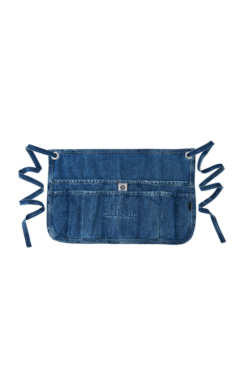 Blue denim waist apron with three pockets on a white background