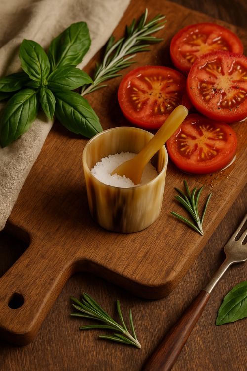 Mini Salt Cellar and Spoon set on a cutting board with sliced tomatoes and herbs