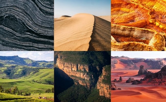 Collage of various landscapes including sand dunes, rock formations, and valleys.