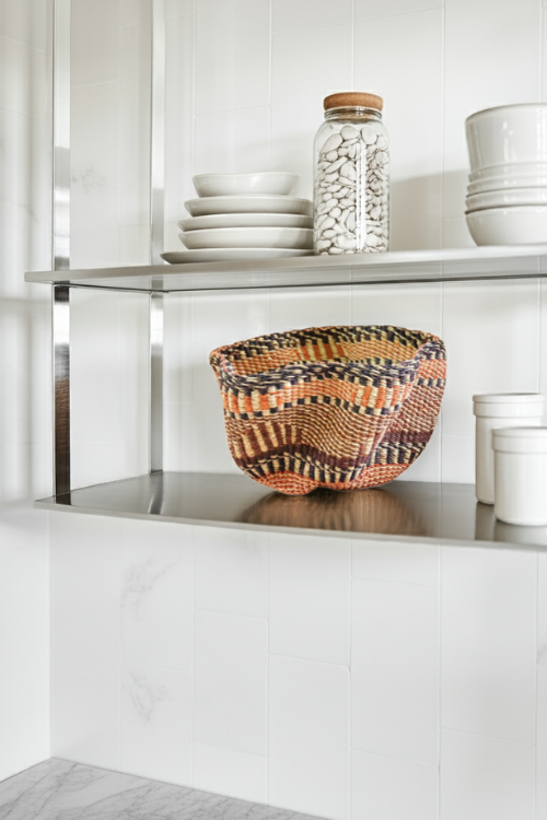 Decorative Petite Pakurigo Wave Basket - Gurunsi on a metal shelf with white walls and floor.