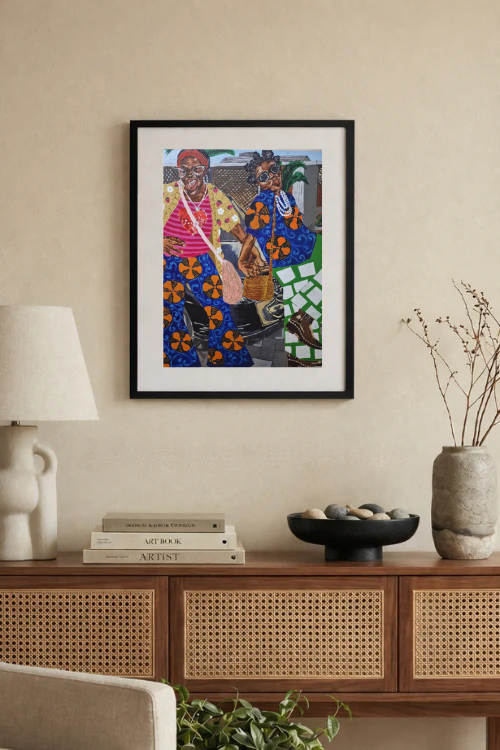 Contemporary black art print titled "Shakara" by September Collective, featuring bold black and white abstract design in a sleek frame.