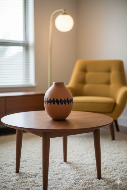 Takura kuku Vase on a wooden table with a yellow armchair and lamp in the background