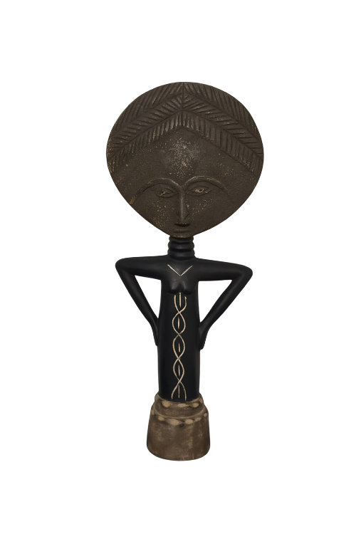 Textured Akuaba Sculpture with a black body and brown stand