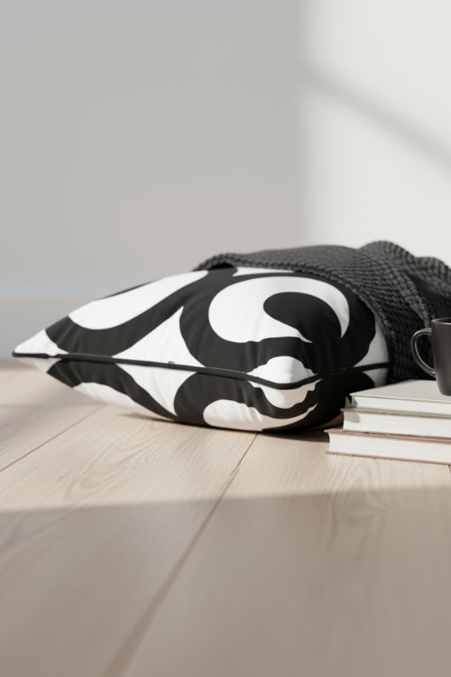 Villa Aburi Mate Masie Pillow in 100% Organic Cotton on a wooden surface with a blurred background