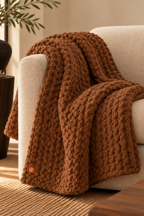 Chocolate brown Villa Aburi chunky knit throw blanket draped over a sofa for cozy home decor.